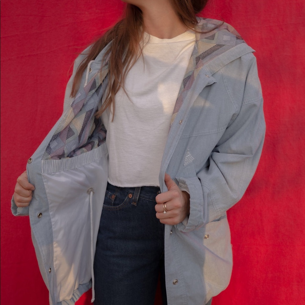 Cotton blue rain jacket from Be in the Current Seen